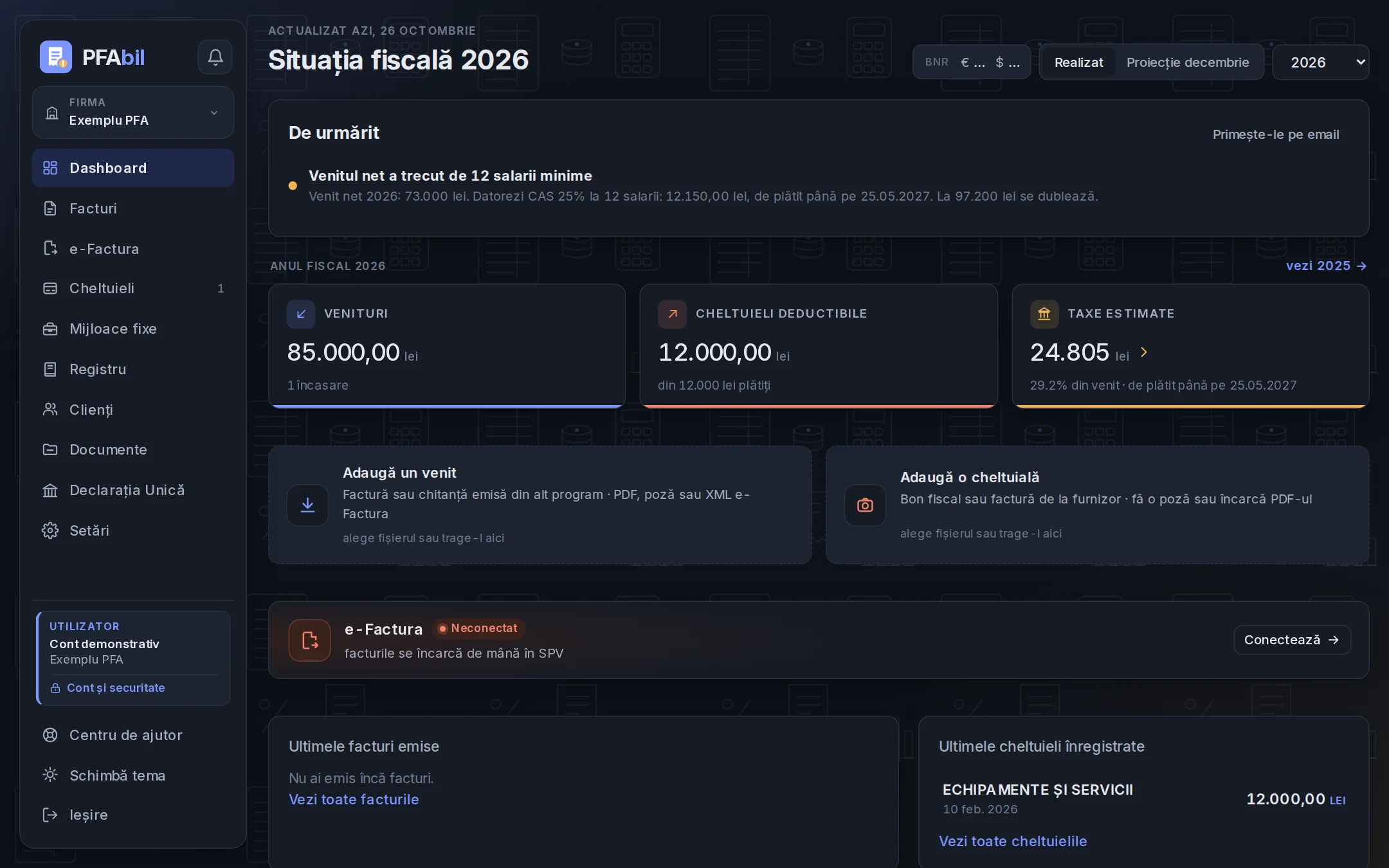 Dashboard-ul PFAbil în tema clasică închisă, cu date demonstrative