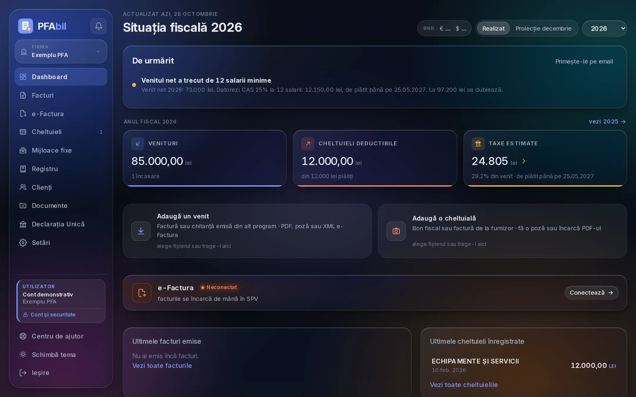Dashboard-ul PFAbil în tema Liquid Glass închisă, cu date demonstrative
