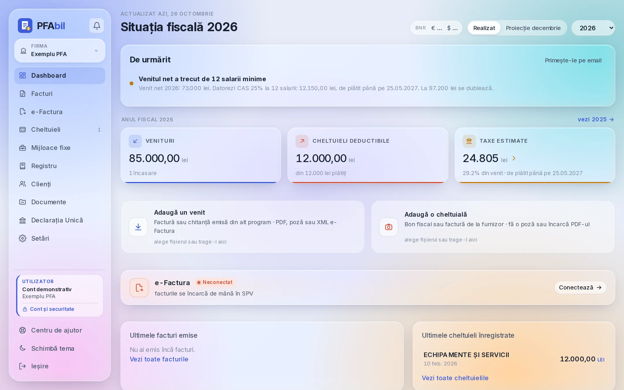 Dashboard-ul PFAbil în tema Liquid Glass, cu date demonstrative