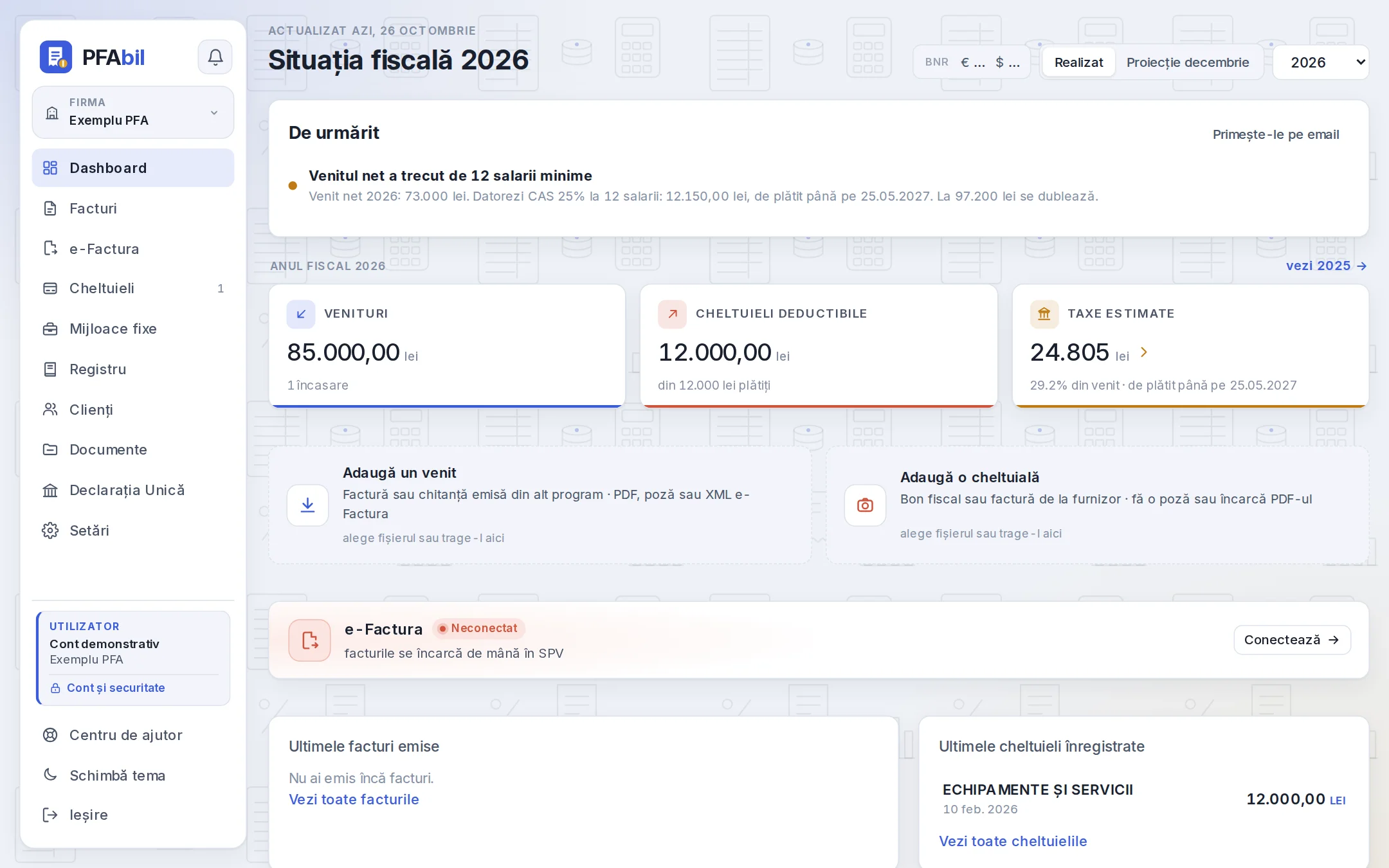 Dashboard-ul PFAbil: venituri, cheltuieli, taxe estimate și starea e-Factura